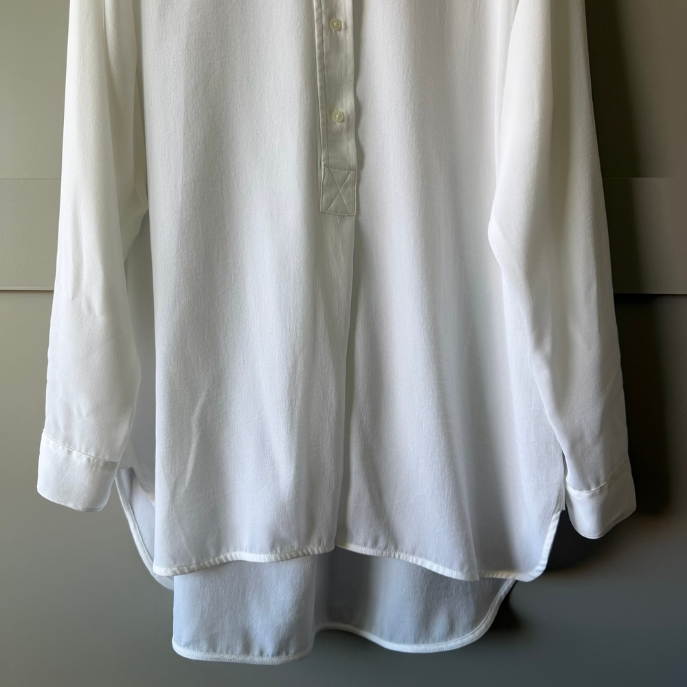 H&M Band Collar Tunic Women Size 12 White Relaxed High Low Button Front Blouse - Picture 3 of 13